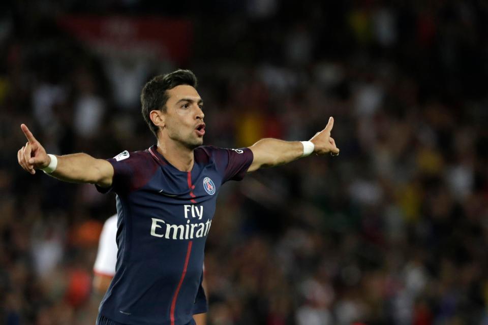  West Ham United target Javier Pastore celebrates scoring for Paris Saint-Germain.