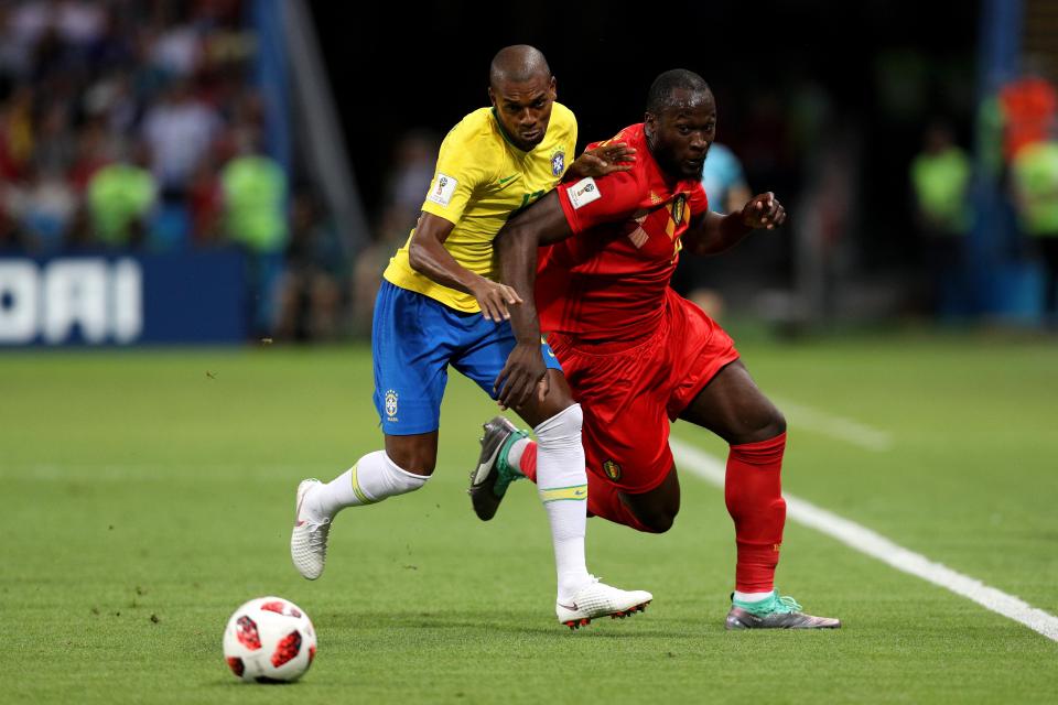  The big striker bullied the Brazilian defenders