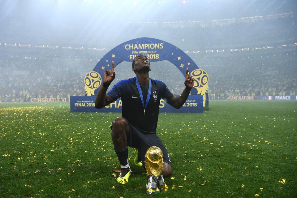  Paul Pogba looks to the skies after France's World Cup triumph