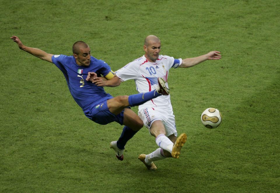  Cannavaro tackles Zinedine Zidane during the World Cup Final of 2006