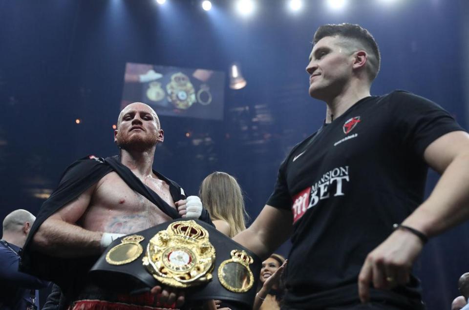  Eubank celebrates his victory over Eubank Jr with coach Shane McGuigan