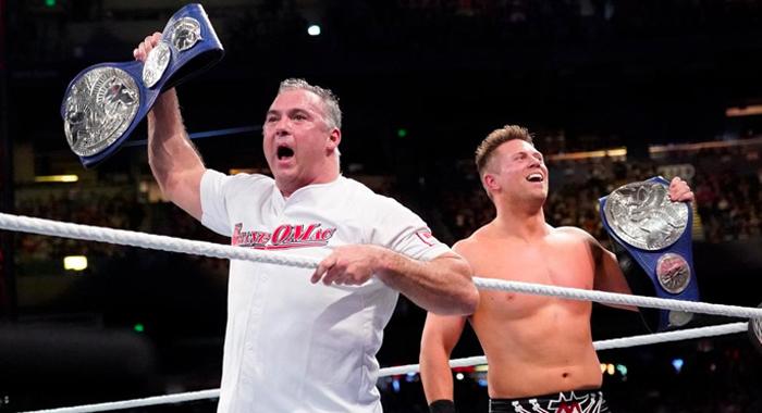  Shane McMahon and The Miz with the SmackDown Live tag titles at the Royal Rumble