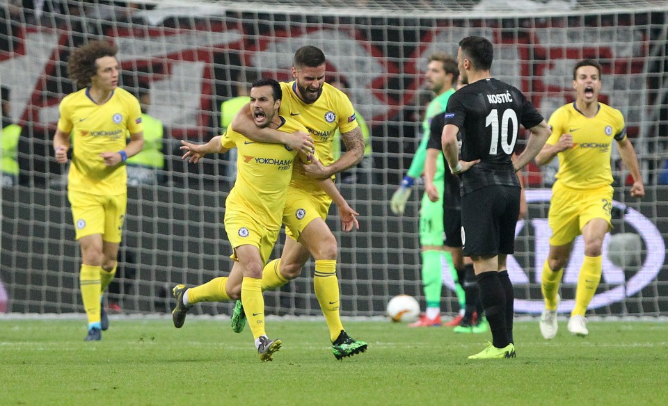  Pedro celebrates his equaliser in Chelsea's Europa League semi-final first leg against Eintracht Frankfurt