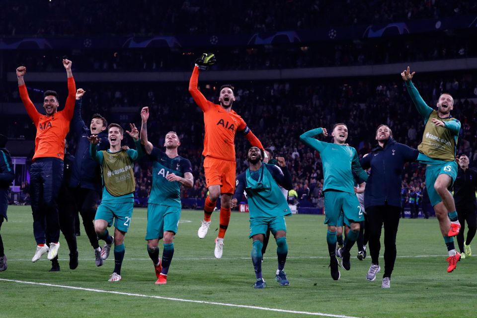  Tottenham players celebrate their Champions League semi-final victory over Ajax