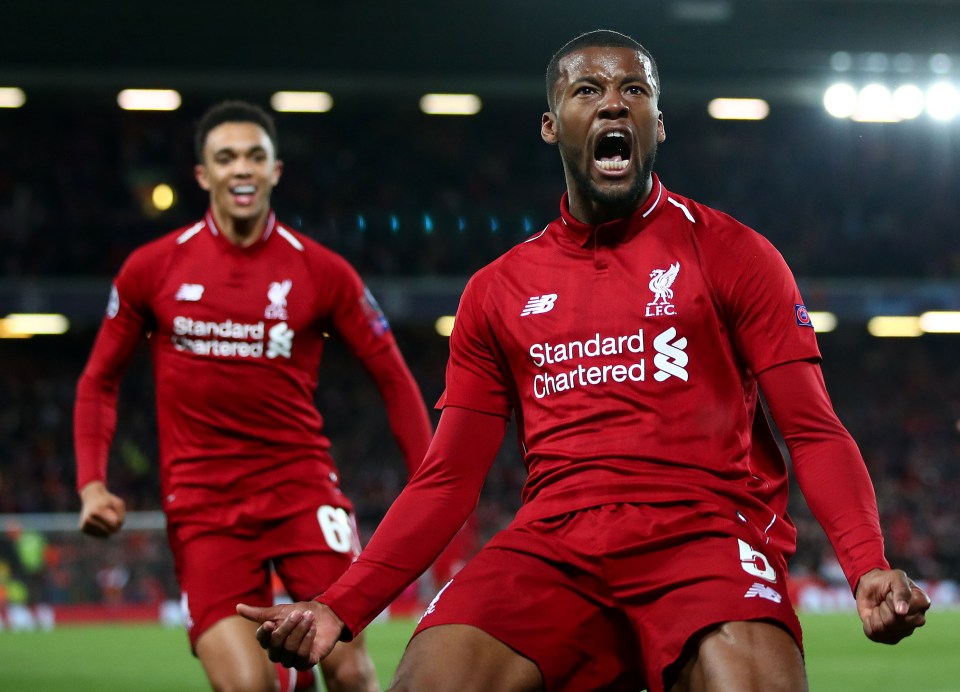  Georginio Wijnaldum celebrates scoring his side's third goal