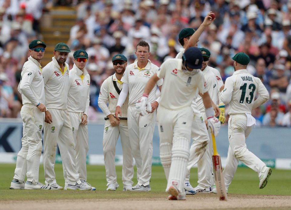  Peter Siddle celebrates taking Joe Root's wicket after his scare on 9