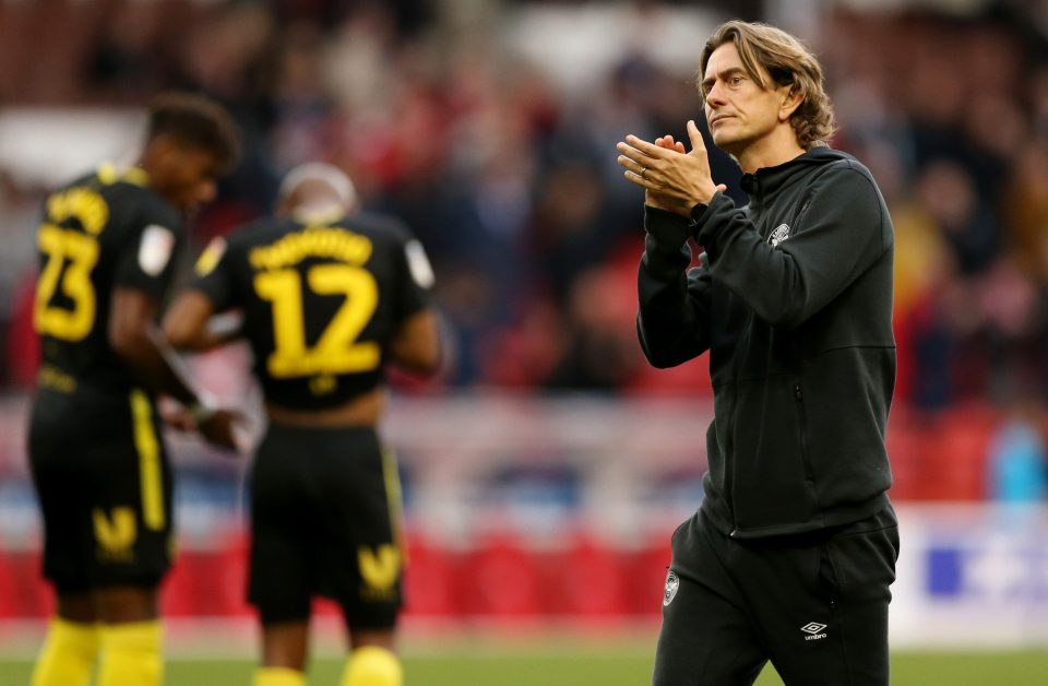  Brentford manager Thomas Frank applauds the club's fans