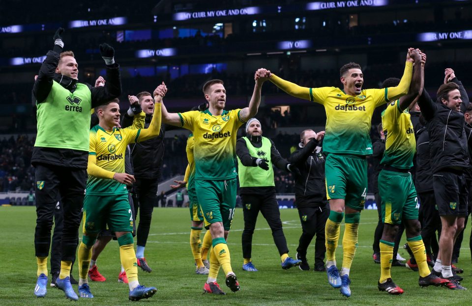  Norwich celebrate their victory over Premier League rivals Tottenham