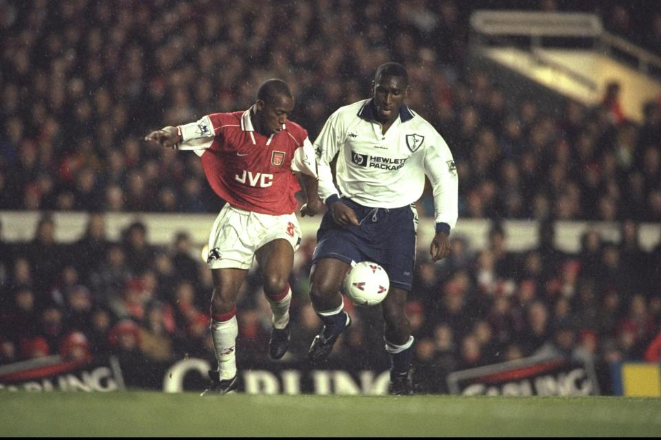  Ian Wright tangles with Sol Campbell who later swapped Tottenham for Arsenal