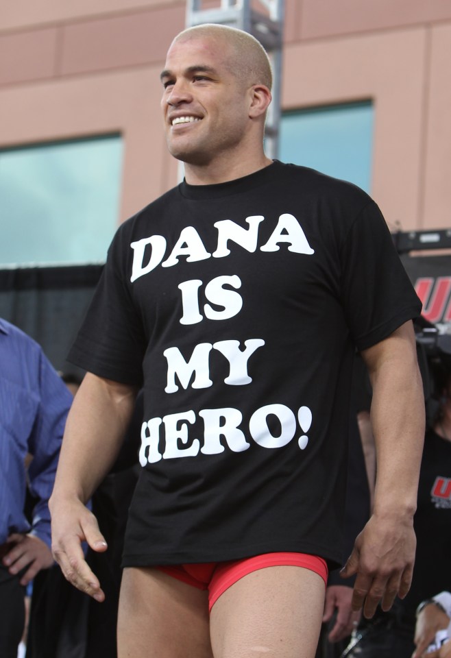 Former UFC Light Heavyweight Champion Tito Ortiz shows off his t-shirt in honor of UFC President Dana White at the UFC 121 weigh-in