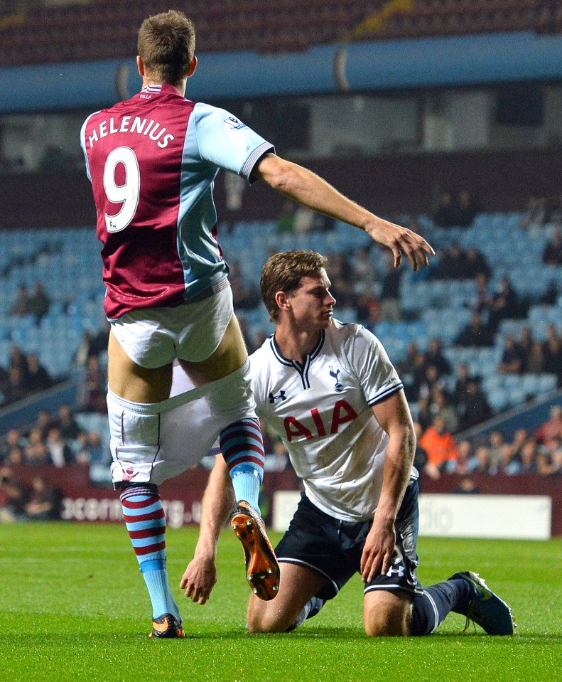  Vertonghen looks away after pulling down the shorts of Aston Villa's Danish forward Nicklas Helenius back in 2013