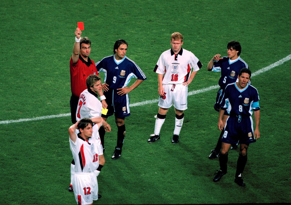 Beckham was sent off back in the 1998 World Cup against Argentina