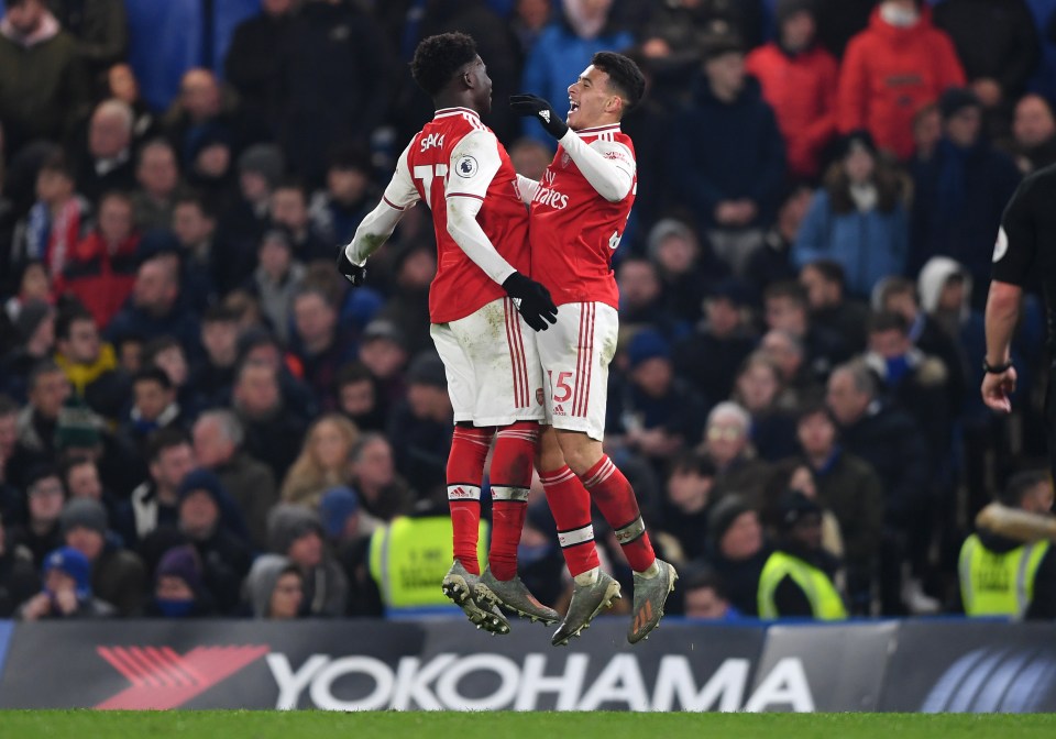 Saka celebrated Gabriel Martinelli's equaliser against Chelsea at Stamford Bridge in January 2020