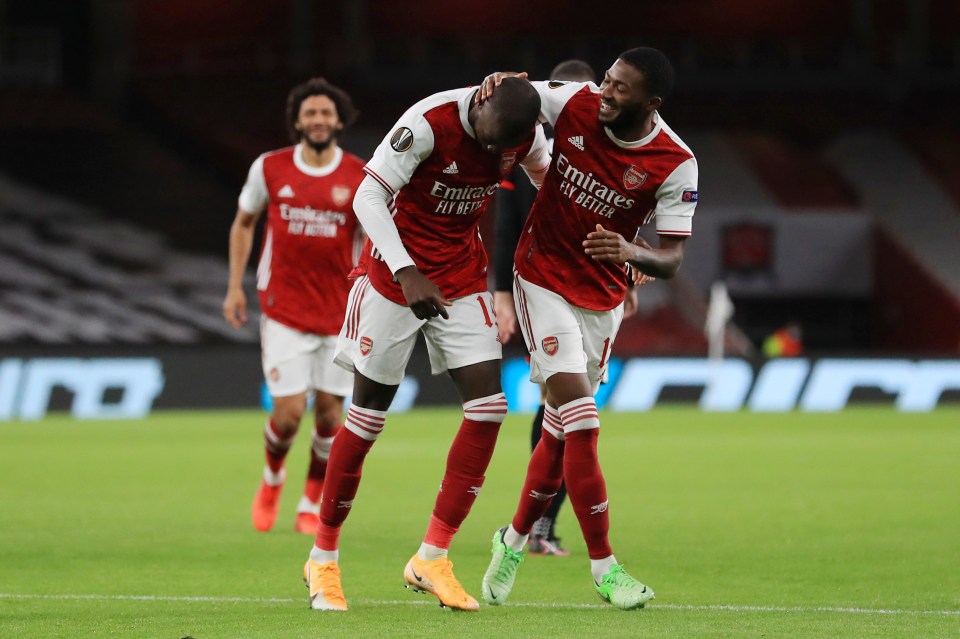  Nicolas Pepe celebrates scoring his brilliant third goal for Arsenal