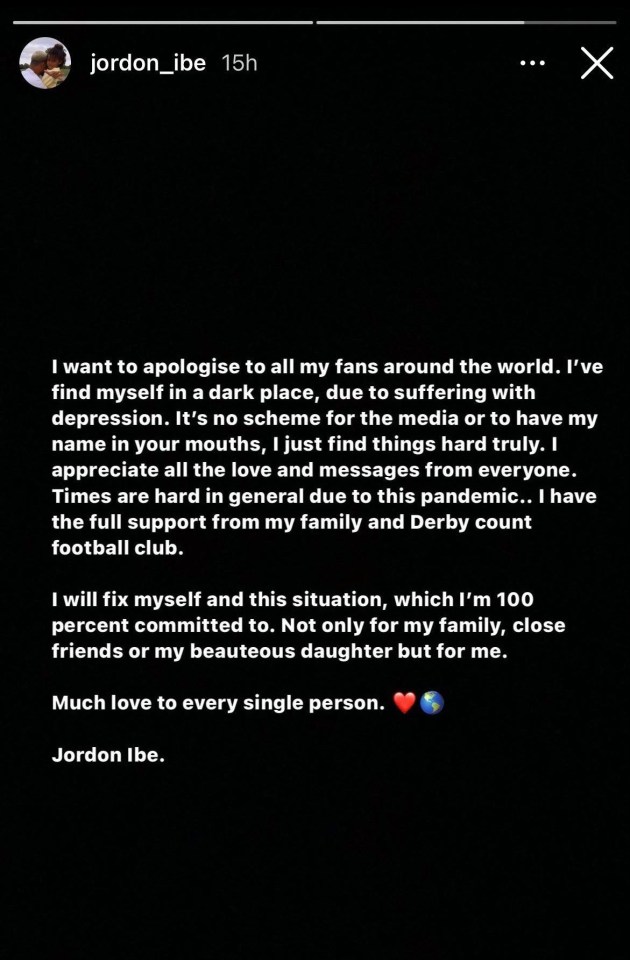 Ibe told his followers about his struggles on Instagram