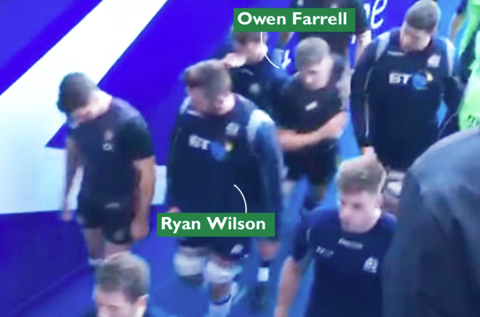  Farrell can be seen barging past the Scotland players to get at Wilson, who was trying to put Ford off, who was ignoring the words of the Scotland forward