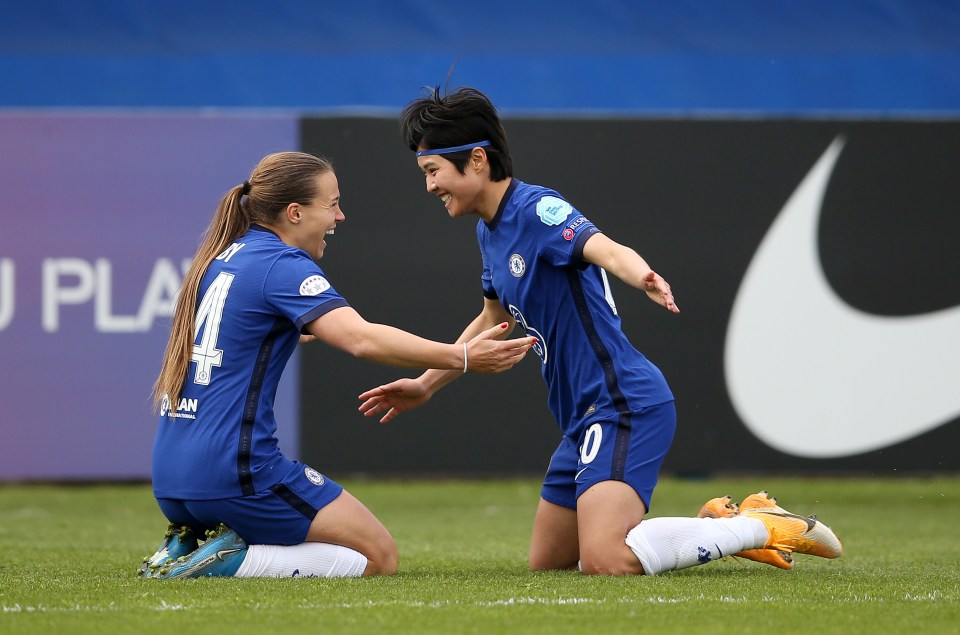 Kirby, who netted twice, celebrates with fellow goalscorer Ji So-Yun