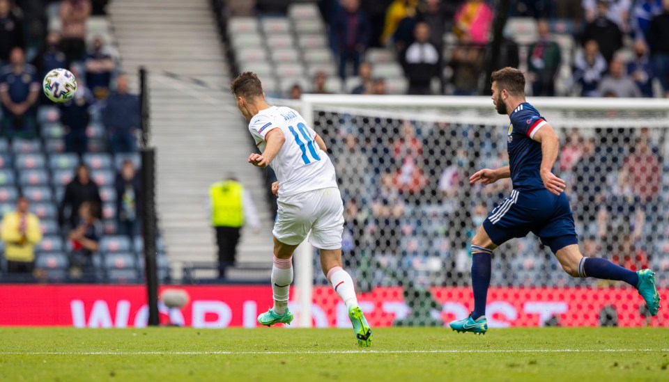 Schick spotted Marshall off his line as he made his way into the Scotland half and bent the ball around and over the Scotland no.1