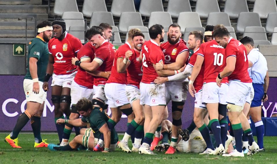 The British and Irish Lions celebrate after Luke Cowan-Dickie crosses over to inspire a second half comeback
