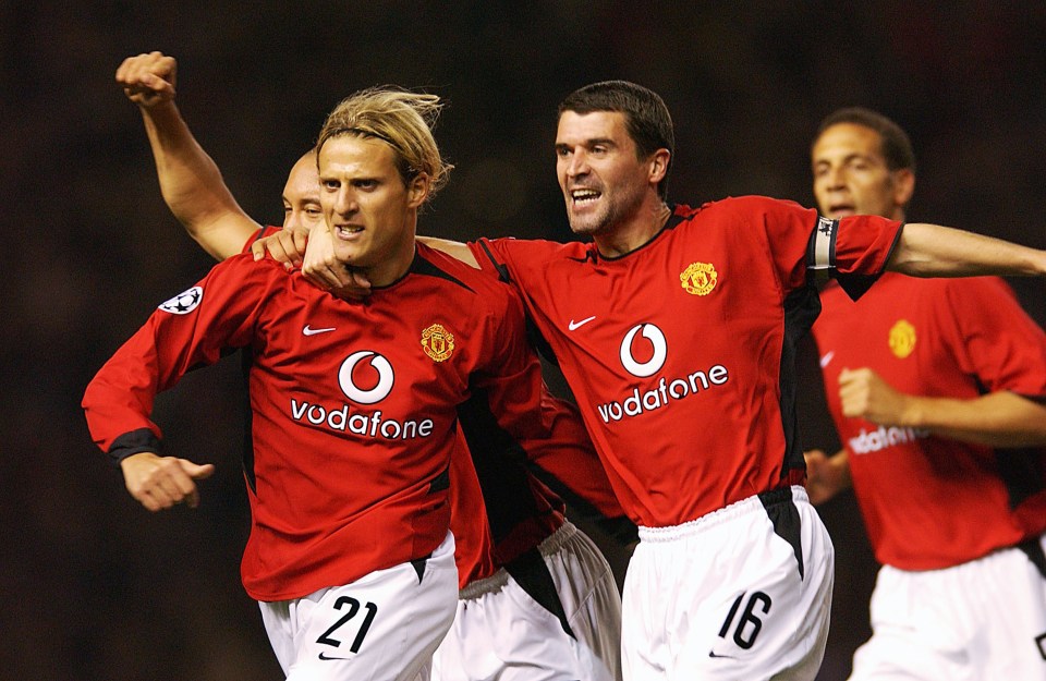 Keane was first to celebrate with Diego Forlan, who put Man United ahead early on
