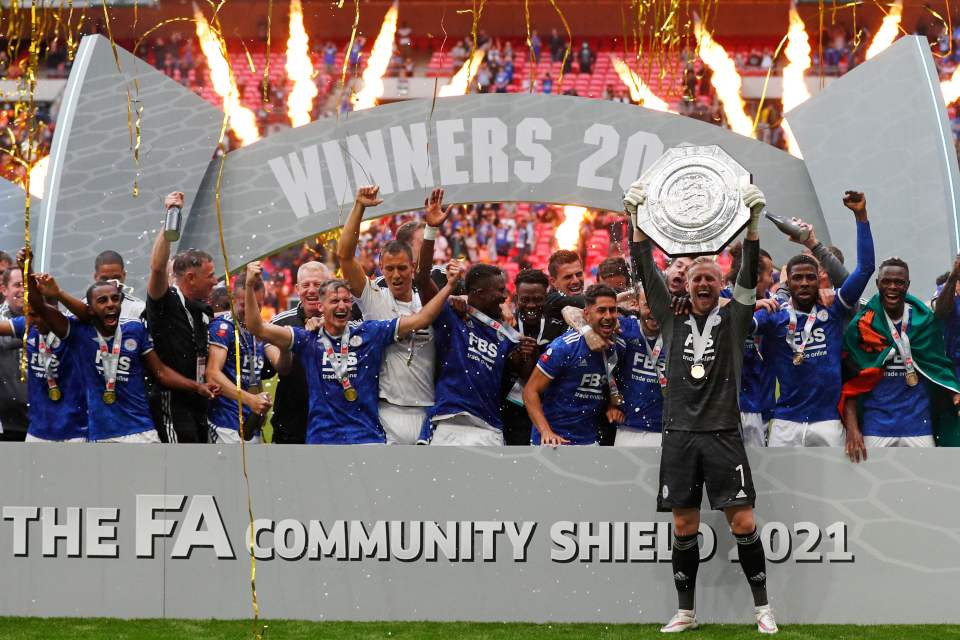 Kasper Schmeichel lifted the shield to the delight of the Foxes' faithful