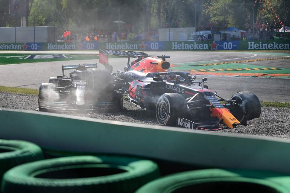 The rear of Verstappen's Red Bull landed on the top of Hamilton's Mercedes