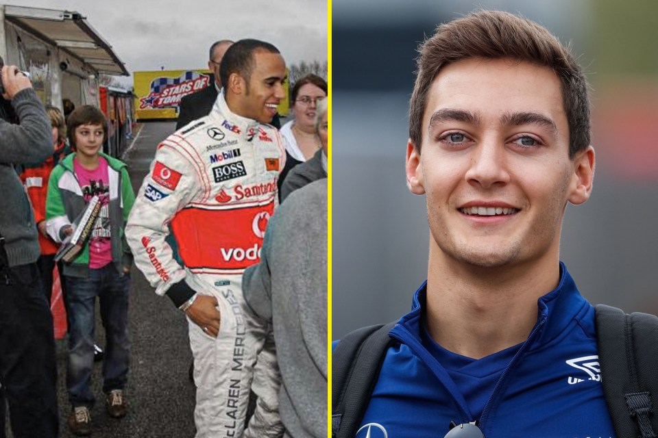 Russell was pictured waiting to get Hamilton's autograph