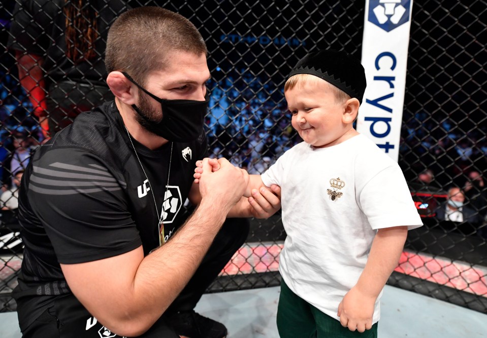 Khabib Nurmagomedov with 'mini Khabib' Hasbulla after Islam Makhachev's win
