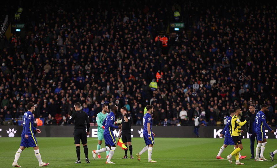 The Watford and Chelsea players were taken off the pitch