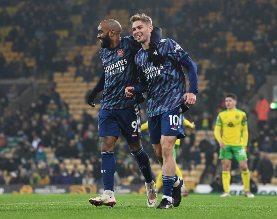Starlet Smith Rowe is Arsenal's top scorer in the Premier League this season on a tally of eight, whilst Lacazette has began to pick up goal scoring form again