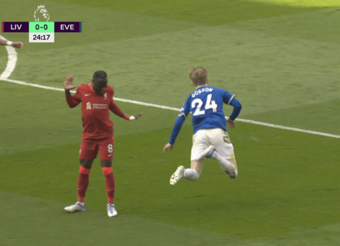 Gordon flew to the ground, despite being barely touced by Keita, if at all