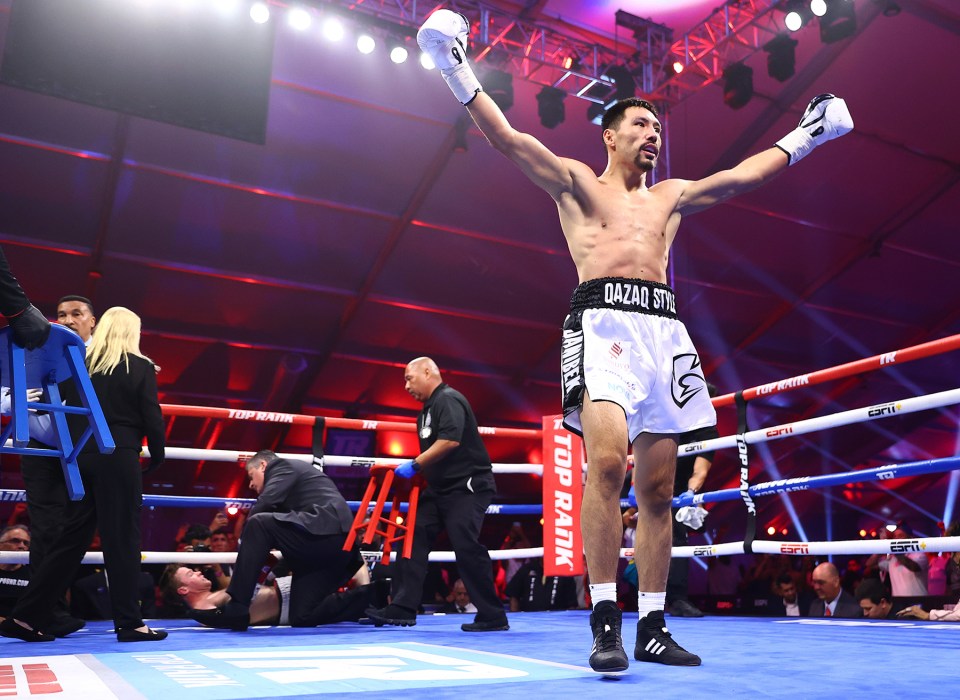 Janibek Alimkhanuly, IBF and WBO middleweight world champion, victorious in a boxing match.