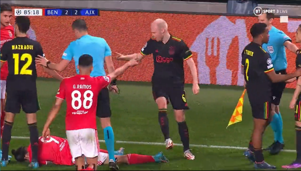 Nunez falls to the floor as Antony is led away by his Ajax team-mates