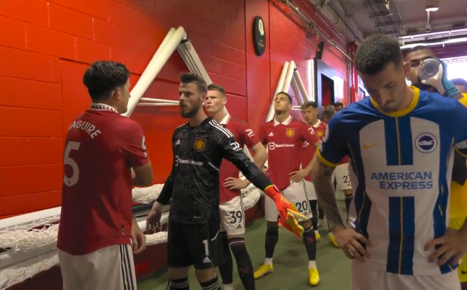 The keeper gestured to the other side of the tunnel as Maguire turned round to face his team