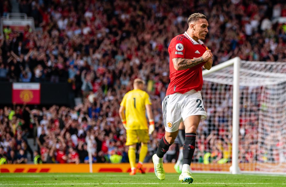 Antony ran to celebrate his debut goal with the jubilant Manchester United fans