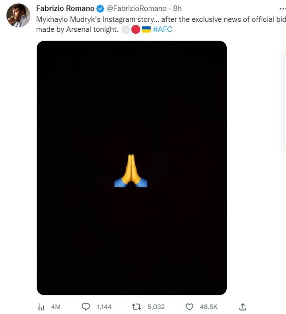 Romano posted a screen shot of Mudryk's Instagram story, which is no longer visible