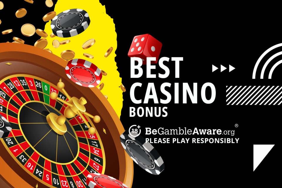 Illustration of casino roulette wheel, chips, dice, and coins with text "Best Casino Bonus".
