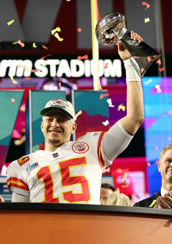 Mahomes hoists the Lombardi Trophy after the Chiefs' Super Bowl LVII victory over Philadelphia Eagles