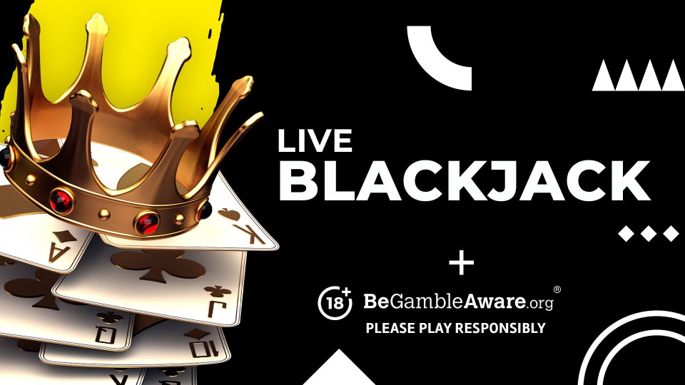Illustration of a gold crown on playing cards; Live Blackjack.