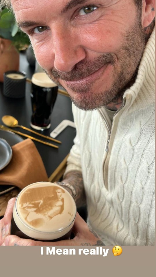 Beckham shared a snap of his pint of Guinness which showed his iconic underwear snap