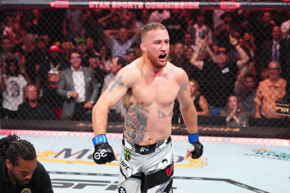 Justin Gaethje celebrates a knockout victory.