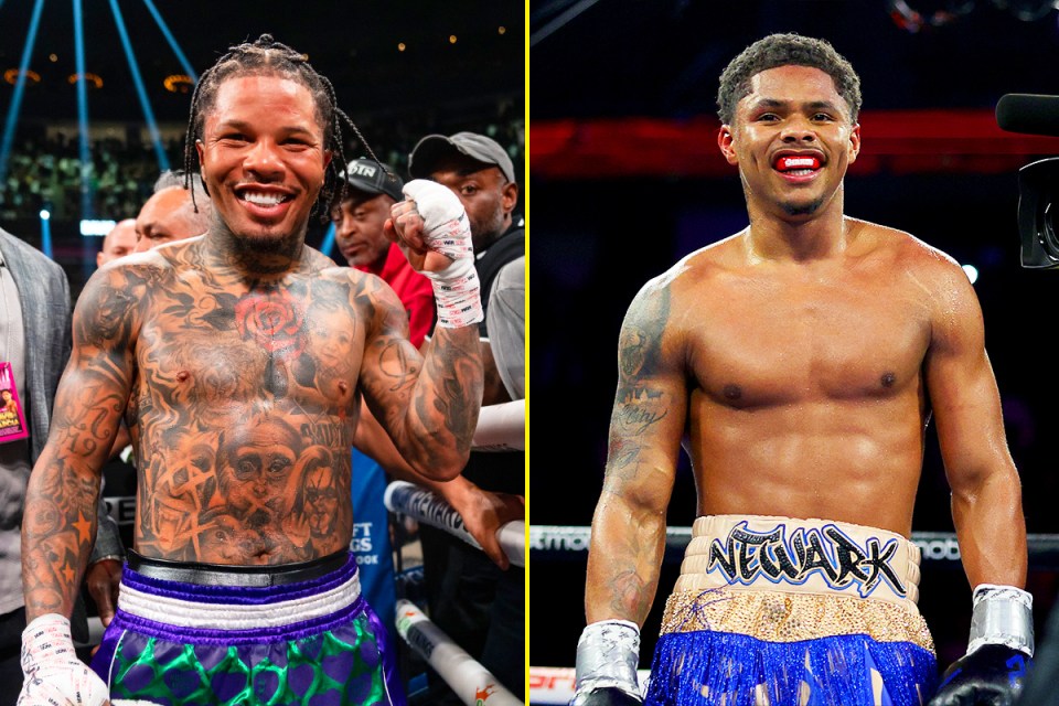 Gervonta Davis and Shakur Stevenson holding lightweight belts.