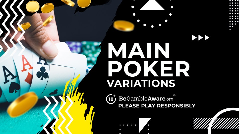 Illustration of three aces in a hand of poker, with gold coins and the text "Main Poker Variations".