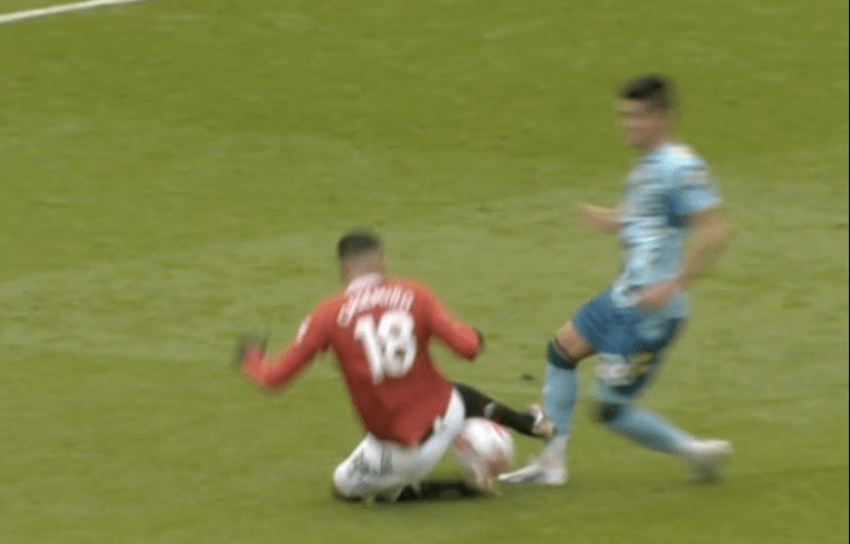 Casemiro put in a similar challenge against Southampton but was given his marching orders for it