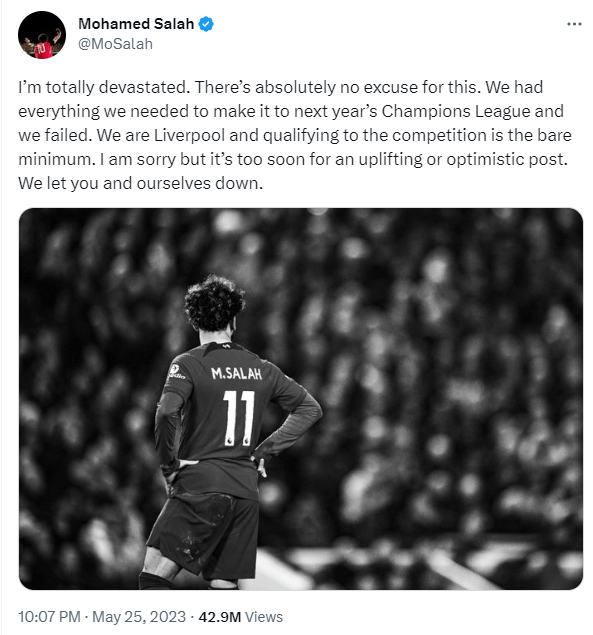 Salah was clearly unhappy in a post shared on social media