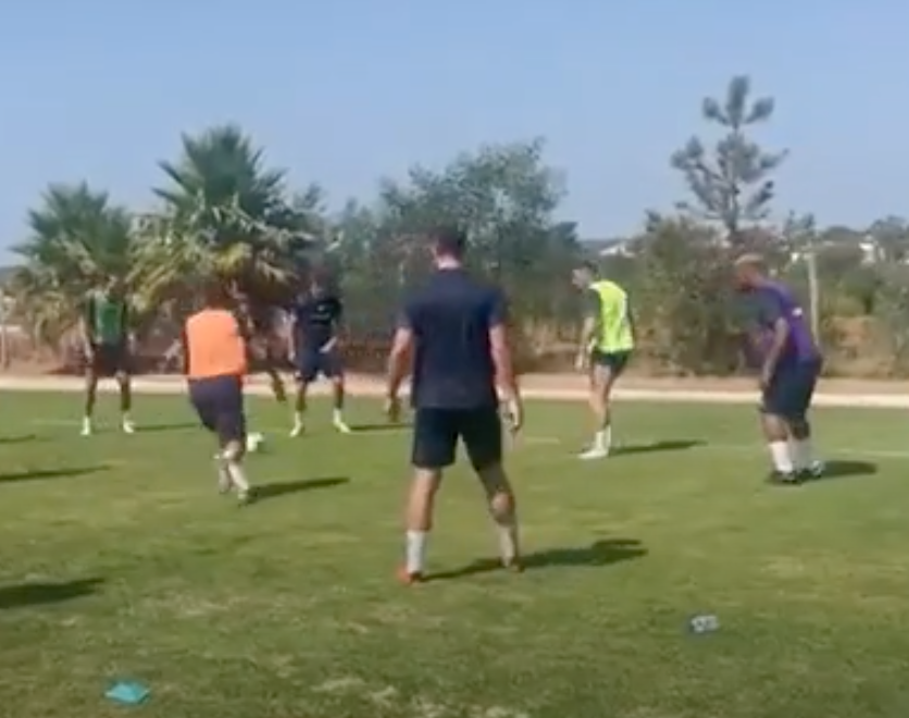 Ibe (R) could be seen training with Chesterfield in Portugal on a training camp
