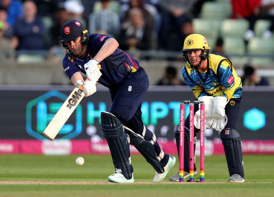 BIRMINGHAM, ENGLAND - JULY 06:   Dan Lawrence of Essex plays the ball to the boundary during the Vitality Blast T20 Quarter Final match between Birmingham Bears and Essex at Edgbaston on July 06, 2023 in Birmingham, England. (Photo by David Rogers/Getty Images)