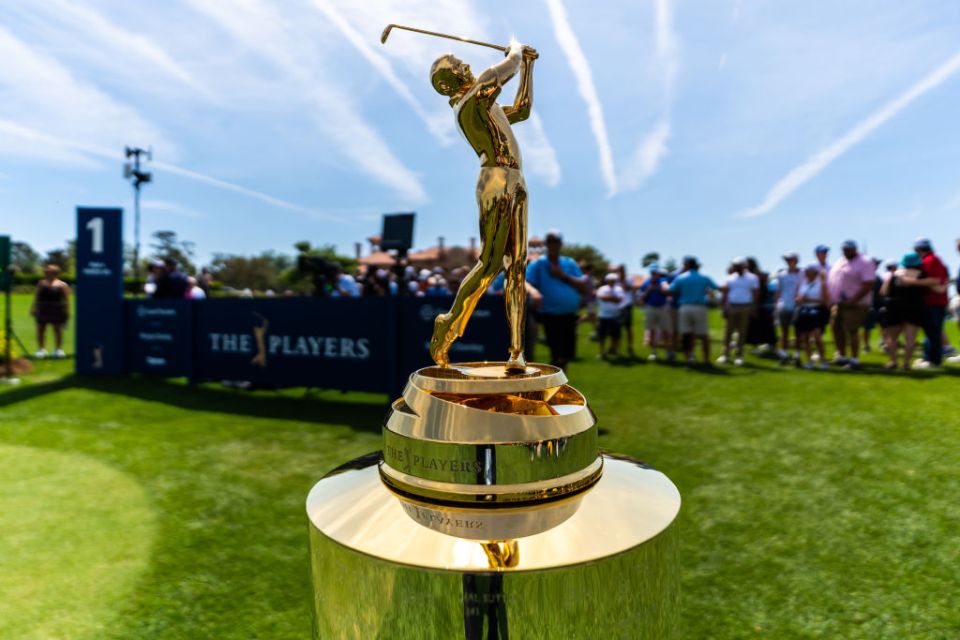 PONTE VEDRA BEACH, FL - MARCH 12: The Waterford Crystal Trophy on display at the first tee during the final round of THE PLAYERS Championship on THE PLAYERS Stadium Course at TPC Sawgrass on March 12, 2023 in Ponte Vedra Beach, Florida. (Photo by Jason Allen/ISI Photos/Getty Images)