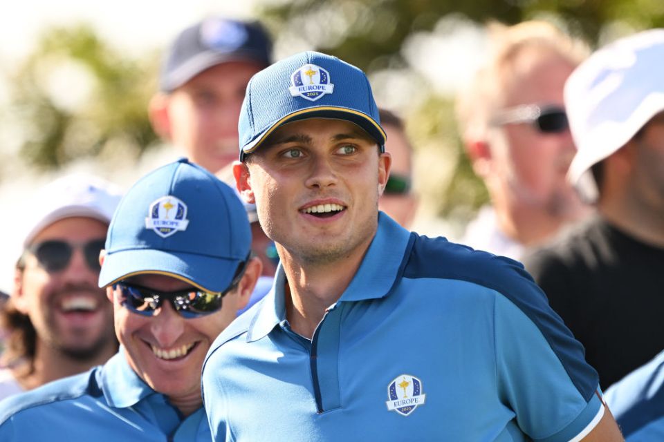 ROME, ITALY - SEPTEMBER 27: Ludvig Aberg of Team Europe smiles on the 12th hole during a practice round prior to the 2023 Ryder Cup at Marco Simone Golf Club on September 27, 2023 in Rome, Italy. (Photo by Ross Kinnaird/Getty Images)
