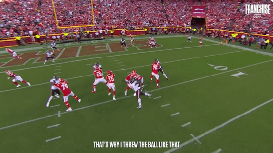 Kelce, who was supposed to break right, cuts left and waves his arm to Mahomes
